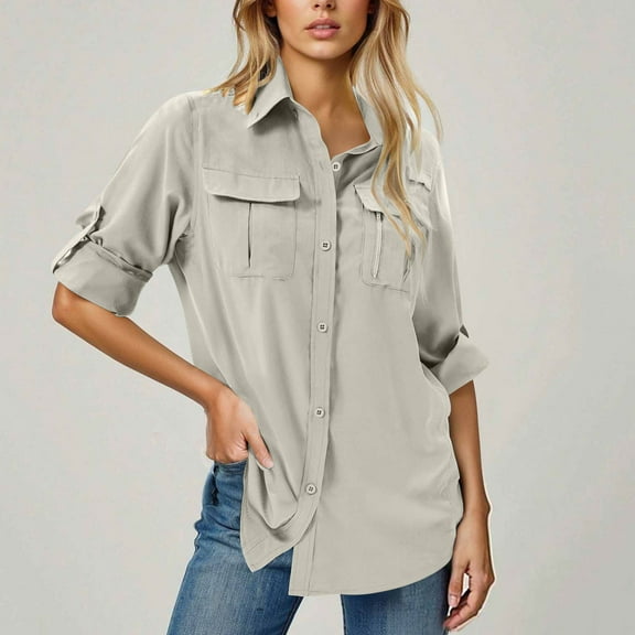qolati Womens Button Down Shirts Casual Long Sleeve Sun Shirt Hiking Quick Dry UV Protection Button Up Travel Shirt Stylish V Neck Blouses Tops with Flip Pockets Beige XXL