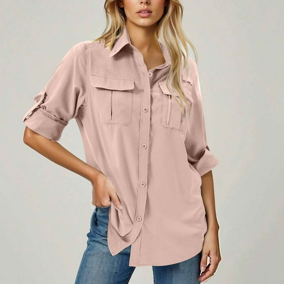 qolati Womens Button Down Shirts Casual Long Sleeve Sun Shirt Hiking Quick Dry UV Protection Button Up Travel Shirt Stylish V Neck Blouses Tops with Flip Pockets Pink XXL