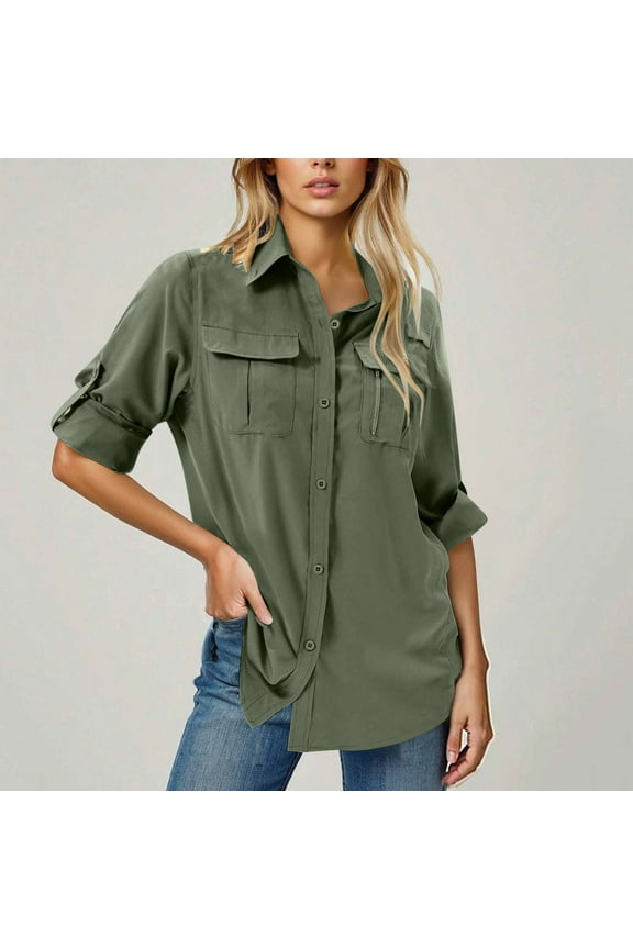 Womens Button Down Shirts Casual Long Sleeve Sun Shirt Hiking Quick Dry UV Protection Button Up Travel Shirt Stylish V Neck Blouses Tops with Flip Pockets S