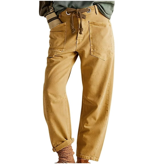 qolati Womens Cargo Jeans Drawstring Patchwork Barrel Pants Wide Leg Baggy Pant Casual Boyfriends Slouchy Streetwear Trousers with Pockets