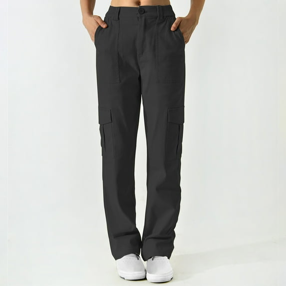qolati Womens Cargo Pants Basic Solid High Waisted Travel Hiking Pants Casual Straight Leg Work Trousers with Pockets