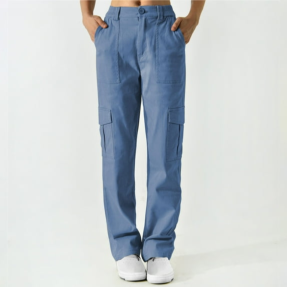 qolati Womens Cargo Pants Basic Solid High Waisted Travel Hiking Pants Casual Straight Leg Work Trousers with Pockets