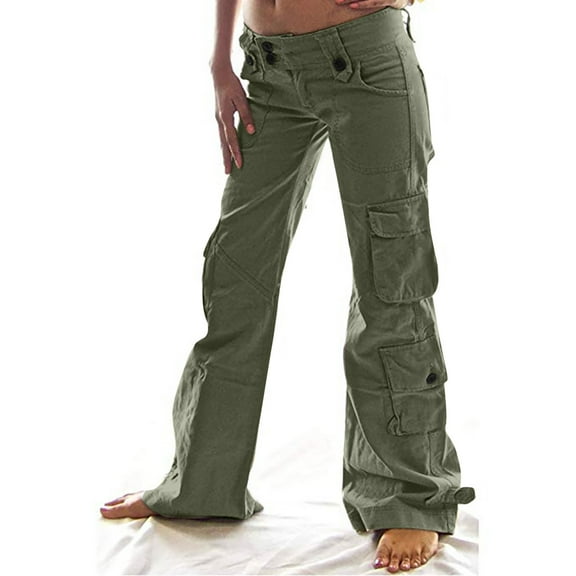 qolati Womens Cargo Pants with Pockets Baggy Low Waist Straight Legs Y2k Pants Lightweight Loose Wide Legs Parachute Pants
