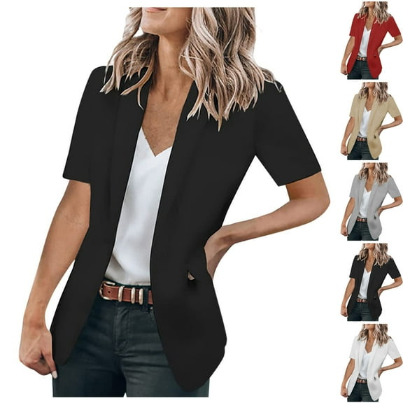 qolati Womens Casual Blazer Short Sleeve Lapel Blazers Jackets Front Open Cardigan Work Suit Button Business Jacket Suits