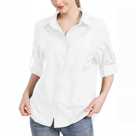 qolati Womens Casual Button Down Shirts Roll Up Long Sleeve Business Shirts Dressy Casual V Neck Solid Work Blouse Tops with Pockets
