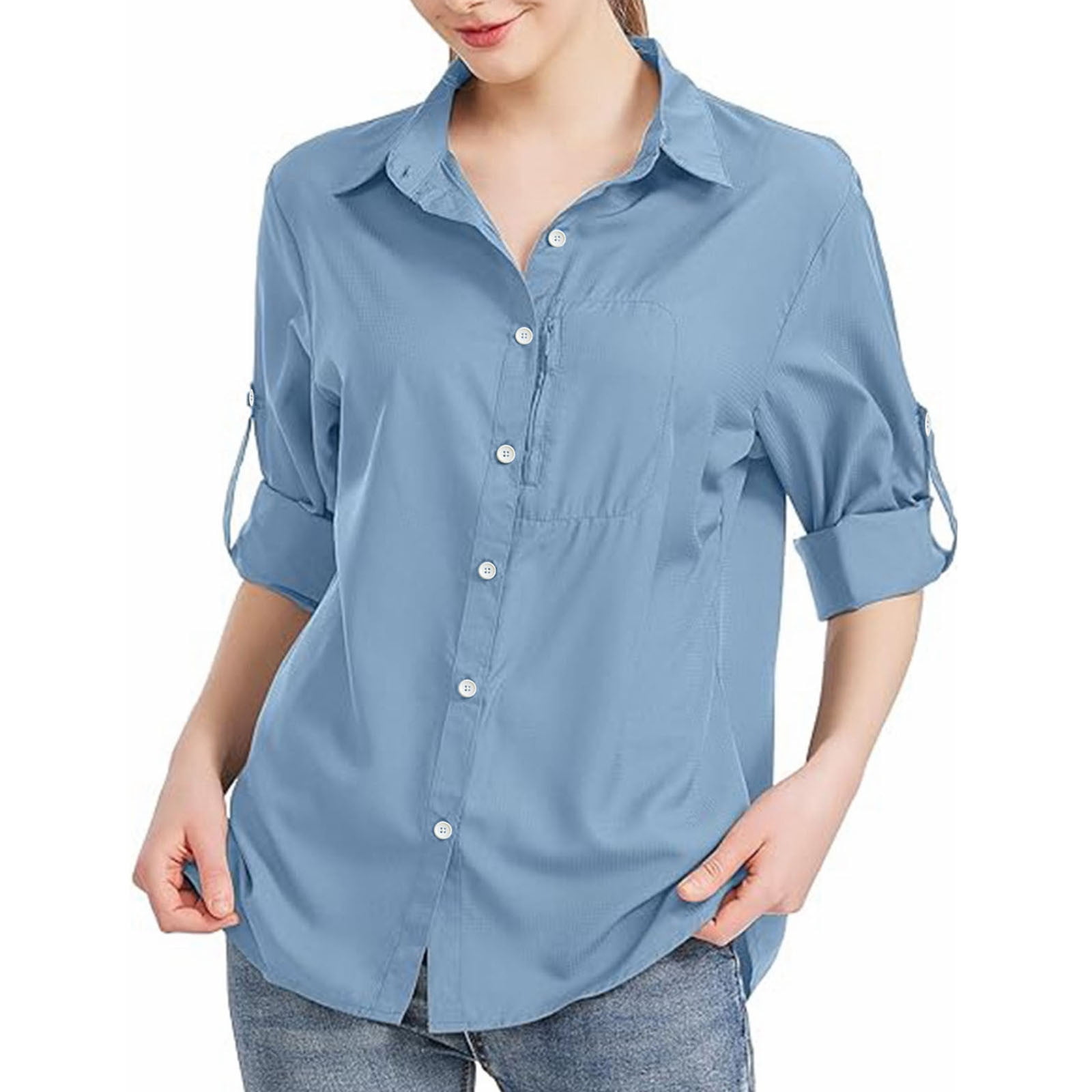 qolati Womens Casual Button Down Shirts Roll Up Long Sleeve Business Shirts  Dressy Casual V Neck Solid Work Blouse Tops with Pockets - Walmart.com