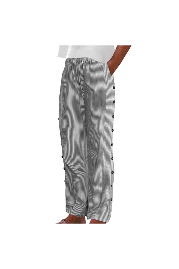 Womens Casual Pants Straight Leg Stripe Print Side Button Down Beach Pants High Waist Lightweight Loose Palazzo Lounge Trousers with Pocket