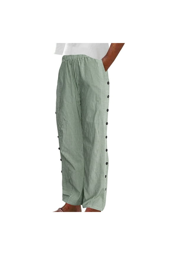 Womens Casual Pants Straight Leg Stripe Print Side Button Down Beach Pants High Waist Lightweight Loose Palazzo Lounge Trousers with Pocket