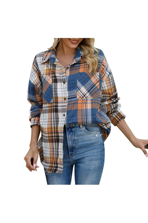Womens Casual Plaid Shacket Oversized Button Down Long Sleeve Flannel Shirt Lightweight Trendy Boyfriend Streetwear Going Out Blouse Tops