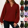 thumbnail image 1 of qolati Womens Casual V Neck Sweatshirt Oversized Fleece Long Sleeve Shirts Lightweight Loose Drop Shoulder Solid Pullover Tops Brown XL, 1 of 6