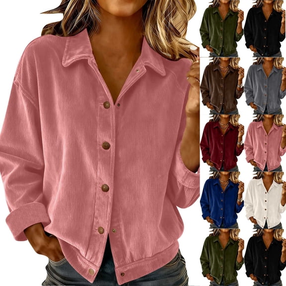 qolati Womens Corduroy Shirts Long Sleeve Collared Button Down Blouse Classic Fitted Boyfriend Tops Jackets ShacketsBeigeS