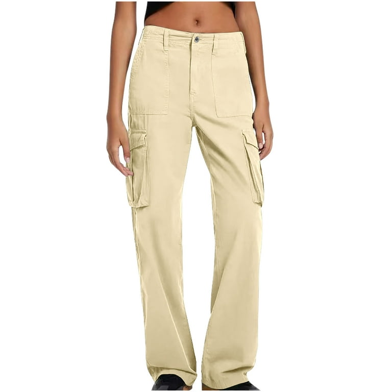 qolati Womens Cotton Cargo Pants Y2k Trendy Low Waist Hiking Work Pant  Classic Straight Legs Streetwear Lounge Trousers