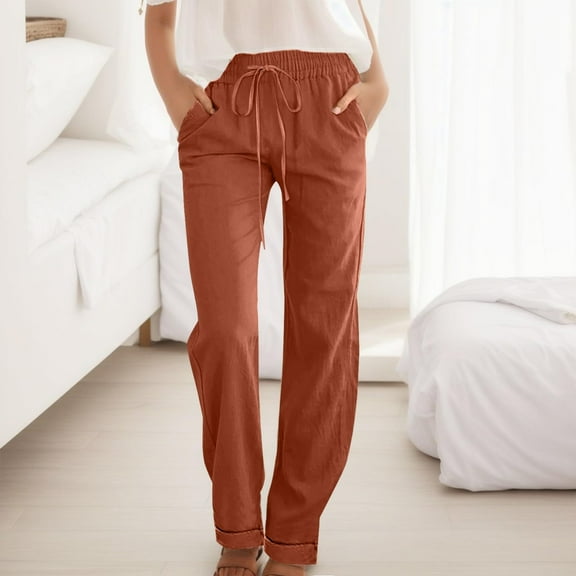 qolati Womens Cotton Linen Pants 2023 Casual Straight Leg Drawstring Sweatpants Fall Elastic High Waist Loose Comfy Lounge Trousers with Pockets