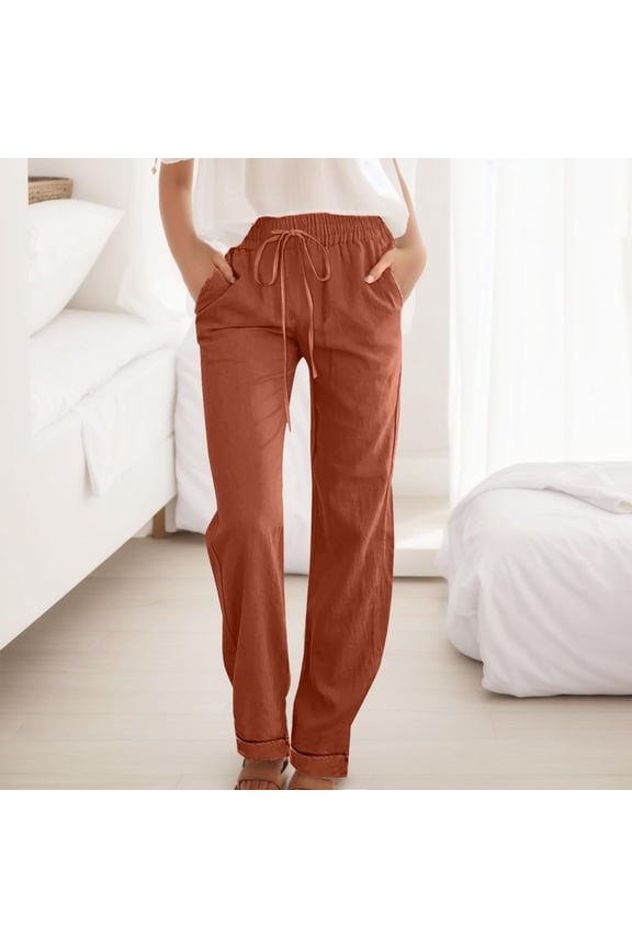 Womens Cotton Linen Pants 2023 Casual Straight Leg Drawstring Sweatpants Fall Elastic High Waist Loose Comfy Lounge Trousers with Pockets