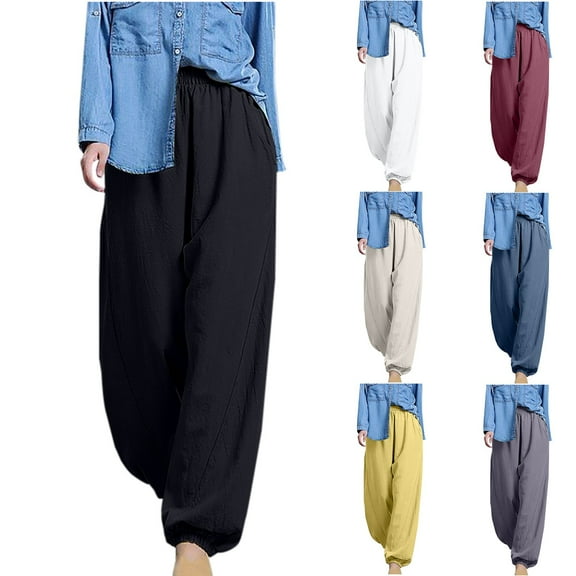 qolati Womens Cotton Linen Pants Casual Elastic High Waisted Palazzo Sweatpants Pockets Boho Wide Legs Harem Baggy Trousers