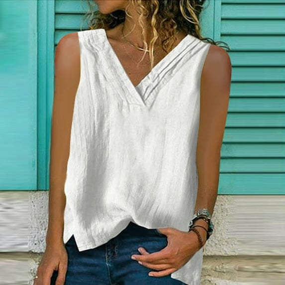 qolati Womens Cotton Linen Tank Tops Casual V Neck Cami Sleeveless Blouses Summer Basic Loose Vest Shirts