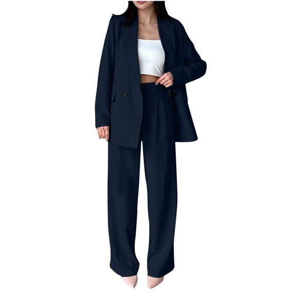 qolati Womens Fall 2 Piece Blazer Sets Open Front Blazers and Wide Leg Pants Office Work Fashion Outfits Business Dressy Causal Suits Set Dark Blue XL 10