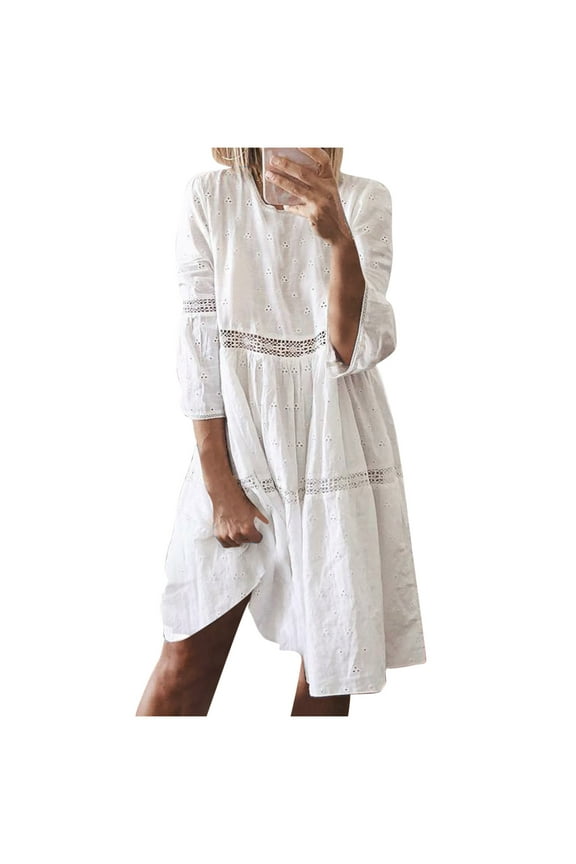 Womens Fall Dresses 2024 Lace Eyelet Embroidery Vacation Dress 3/4 Trumpet Sleeve Crochet Spliced A Line Flowy Boho Midi Dress White L