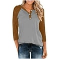 thumbnail image 1 of qolati Womens Fall Summer Tops Casual 3/4 Length Sleeve T Shirts Loose Fit Button V Neck Tunic Blouses Color Block Basic Tees Shirt, 1 of 9