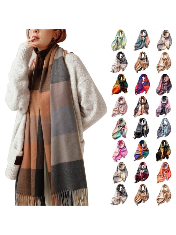 Womens Wool Blends Scarf Fashion Plaid Tassel Long Scarf Shawls Wraps Winter Warm Blanket Large Scarves 70.87"x25.59"