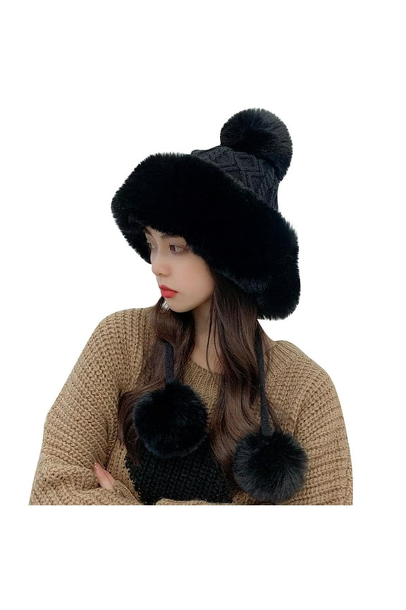 Womens Faux Furs Knitted Hat with Pompom Warm Outdoor Ski Snow Skull Snow Cap Ear Cover Winter Beanie Hat for Women
