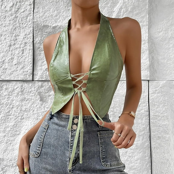 qolati Womens Faux Leather Halter Top Y2k V Neck Tie Front Open Back Sleeveless Backless Going Out Tops for Women Club Party Green M