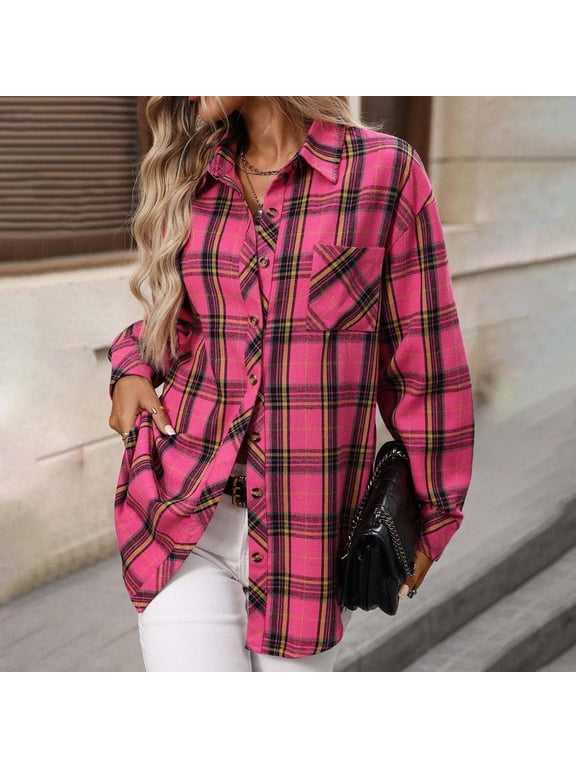 Womens Flannel Plaid Shirts Long Sleeve Collared Button Down Cardigan Trendy Fall Shackets Jacket Business Dressy Classic Blouses Multicolor XXL