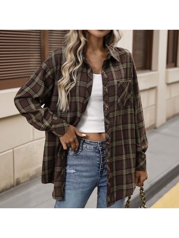 Womens Flannel Plaid Shirts Long Sleeve Collared Button Down Cardigan Trendy Fall Shackets Jacket Business Dressy Classic Blouses Multicolor L