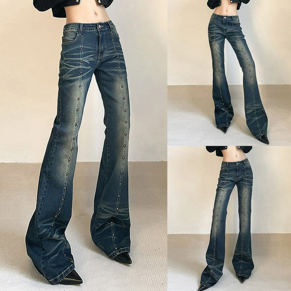 qolati Womens Flare Jeans Y2k Low Waisted Wide Leg Bell Bottom Denim Trousers Casual Solid Skinny Jeans with Pockets