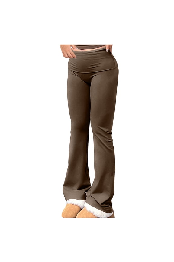 Womens Flare Leggings Fold Over Yoga Pants Y2K Trendy Low Rise Wide Leg Sweatpants Bell Bottom Soft Gym Leggings Brown XL 10