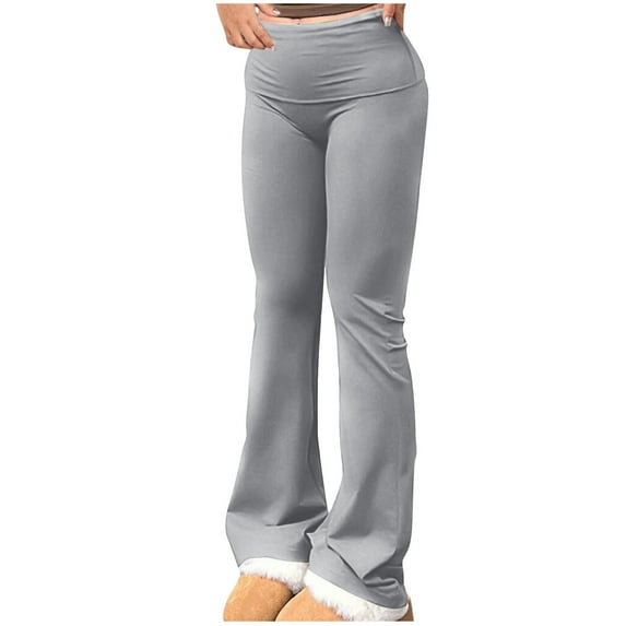 qolati Womens Flare Leggings Fold Over Yoga Pants Y2K Trendy Low Rise Wide Leg Sweatpants Bell Bottom Soft Gym Leggings Gray S 4