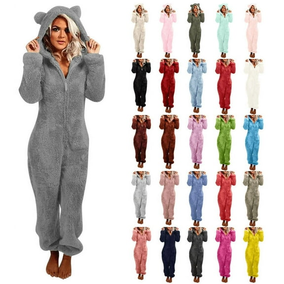 qolati Womens Fleece Christmas Pajamas Jumpsuit Fashion Warm Sherpa Romper Sleepwear One Piece Zipper Hooded Playsuit Loungewear