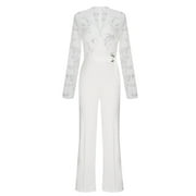 QOLATI Womens Formal Jumpsuit Dressy Lace V Neck Long Sleeve Wide Leg Pants with Belted One-Piece Elegant Evening Party Rompers Outfits