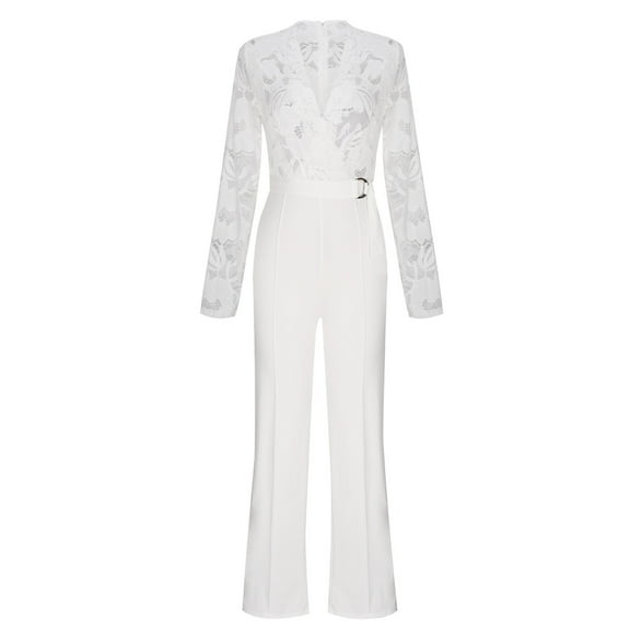qolati Womens Formal Jumpsuit Dressy Lace V Neck Long Sleeve Wide Leg Pants with Belted One-Piece Elegant Evening Party Rompers Outfits