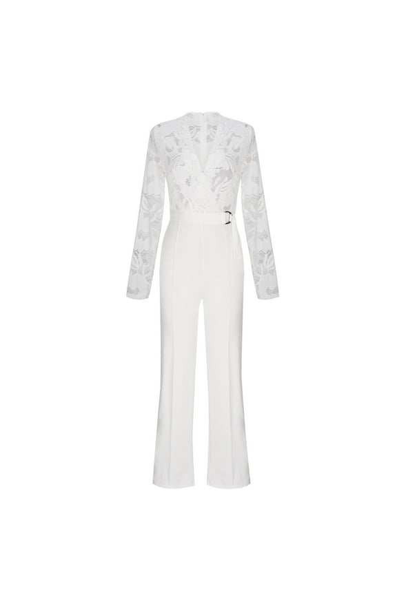 Womens Formal Jumpsuit Dressy Lace V Neck Long Sleeve Wide Leg Pants with Belted One-Piece Elegant Evening Party Rompers Outfits