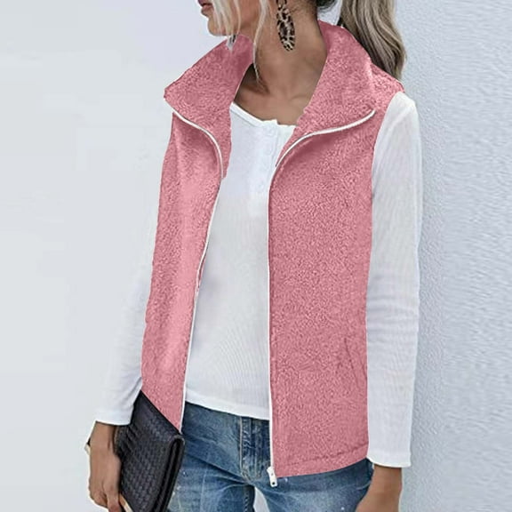 qolati Womens Fuzzy Fleece Jacket Fall Winter Casual Sherpa Lapel Sleeveless Zip Up Vest Jackets Cozy Solid Sweater Cardigan Coat Outerwear with Pocket