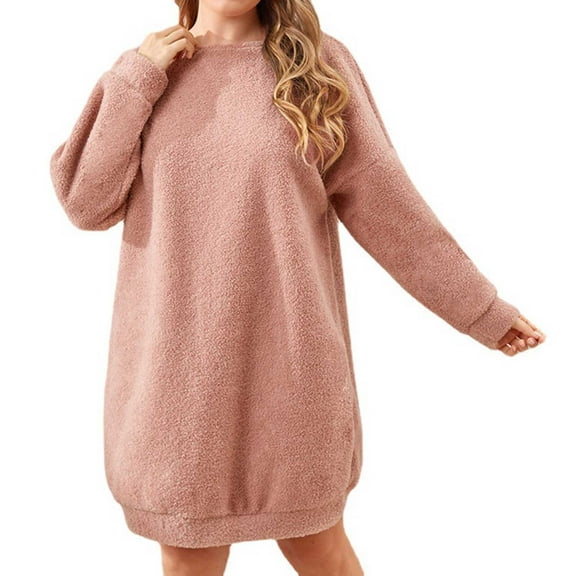 qolati Womens Fuzzy Fleece Nightgown Fall Winter Crewneck Long Sleeve T-Shirts Dress Plus Size Sherpa Short Pajama Dress Sleepwear