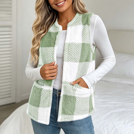 qolati Womens Fuzzy Fleece Vest Soft Flannel Plaid Sherpa Sleeveless Open Front Jacket Warm Casual Fall Winter Layering Outerwear with Pockets, Size S-2XL