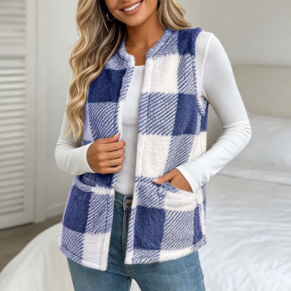 qolati Womens Fuzzy Fleece Vest Soft Flannel Plaid Sherpa Sleeveless Open Front Jacket Warm Casual Fall Winter Layering Outerwear with Pockets, Size S-2XL