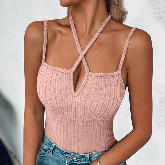 qolati Womens Halter Tank Tops Spaghetti Strap Adjustable Ribbed Going Out Tops 2025 Summer Fashion Backless Shirts Sleeveless Tunic Tops Y2k Clothes