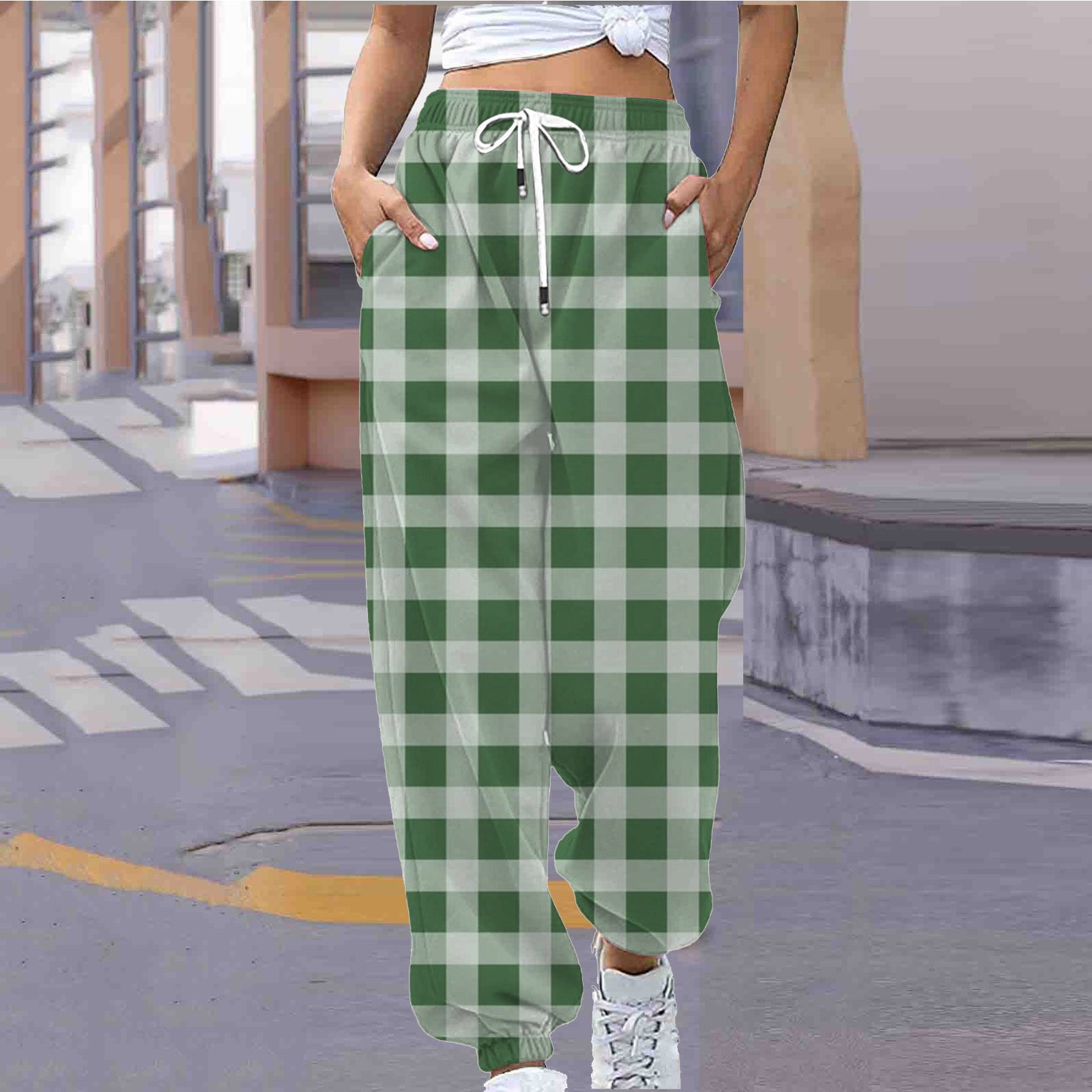 qolati Womens High Waist Sweatpants Casual Plaid Print Cinch Bottom Sports Pants Athletic Loose Workout Joggers Lounge Trousers