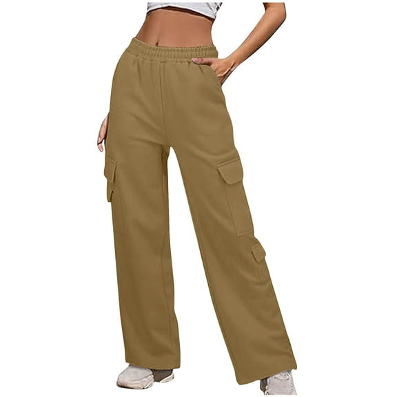 qolati Womens High Waisted Baggy Sweatpants Fleece Lined Athletic Workout Yoga Open Bottom Sweat Pants Elastic High Waist Cargo Joggers with Pockets Khaki XL 10