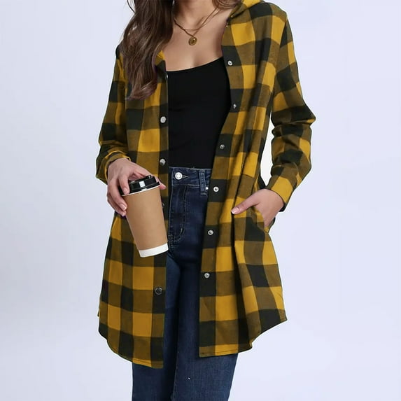 qolati Womens Hooded Shacket Jacket Plaid Button Down Long Sleeve Hoodies Long Shirt Jackets Fall Winter Outfits Clothes with Pockets