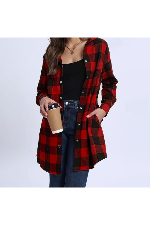 Womens Hooded Shacket Jacket Plaid Button Down Long Sleeve Hoodies Long Shirt Jackets Fall Winter Outfits Clothes with Pockets