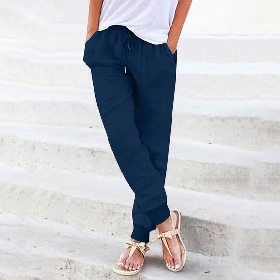qolati Womens Linen Pants Casual Drawstring Tie Elastic Waist Capri Jogger Cargo Pants High Waisted Loose Loungwear Tapered Pant with Pockets