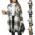 thumbnail image 1 of qolati Womens Long Plaid Shacket Jacket Long Sleeve Lounge Lapel Boyfriend Button Down Shirts Fall Blouse Tops Fashion Winter Coats Brown XL, 1 of 4
