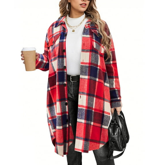 qolati Womens Long Plaid Shacket Jacket Long Sleeve Lounge Lapel Boyfriend Button Down Shirts Fall Blouse Tops Fashion Winter Coats Multicolor XL