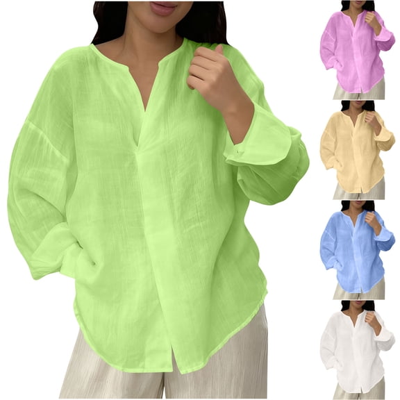 qolati Womens Long Sleeve Cotton Linen Tops Boho Beach V Neck Henley Shirts Basic Tee Solid Color Blouse Loose Fit Pullover Summer ShirtsPinkS