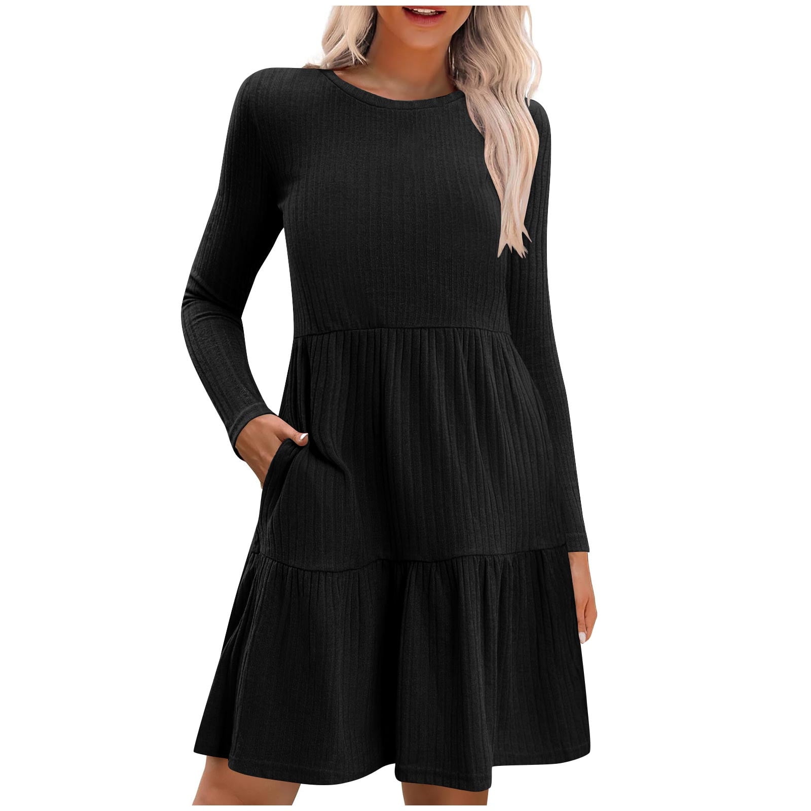 qolati Womens Long Sleeve Fall Dresses with Pockets 2024 Ribbed Knit Tiered  Ruffle A-Line Party Midi Dress Casual Crew Neck Knee Length Sweater Dress  Black M 6 - Walmart Business Supplies