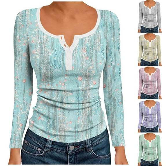 qolati Womens Long Sleeve Henley T Shirts Half Button V Neck Ribbed Knit Slim Fitted Basic Tee Tops Floral Printed Casual Work Blouse Green S